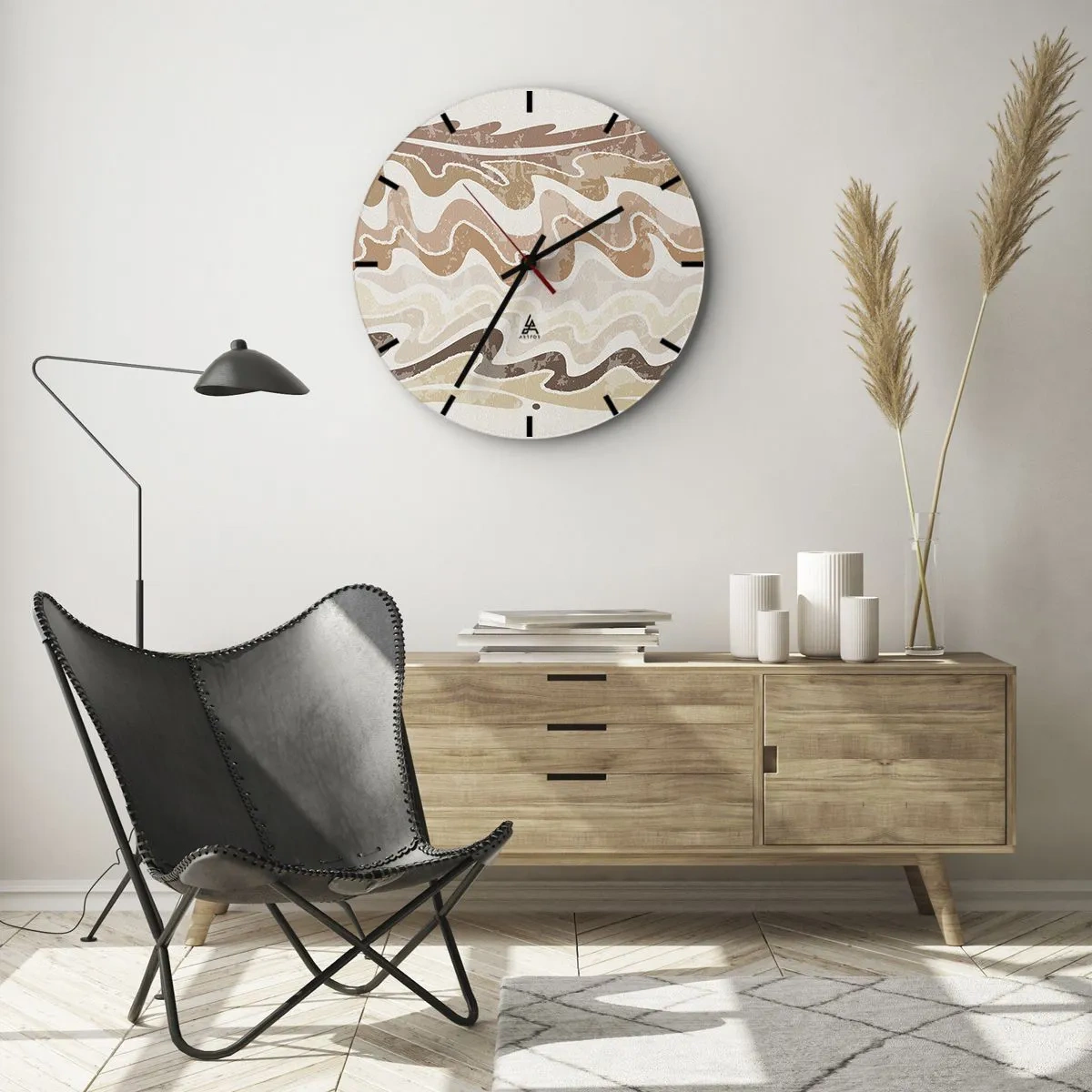 Ceas de perete - Ceas pe sticlă - Linii ondulate în nuanțe calde, nisipoase - 30x30cm - Energie bună - emoții bune - Decorațiune modernă pentru perete pentru living, bucătărie și dormitor ARTTOR