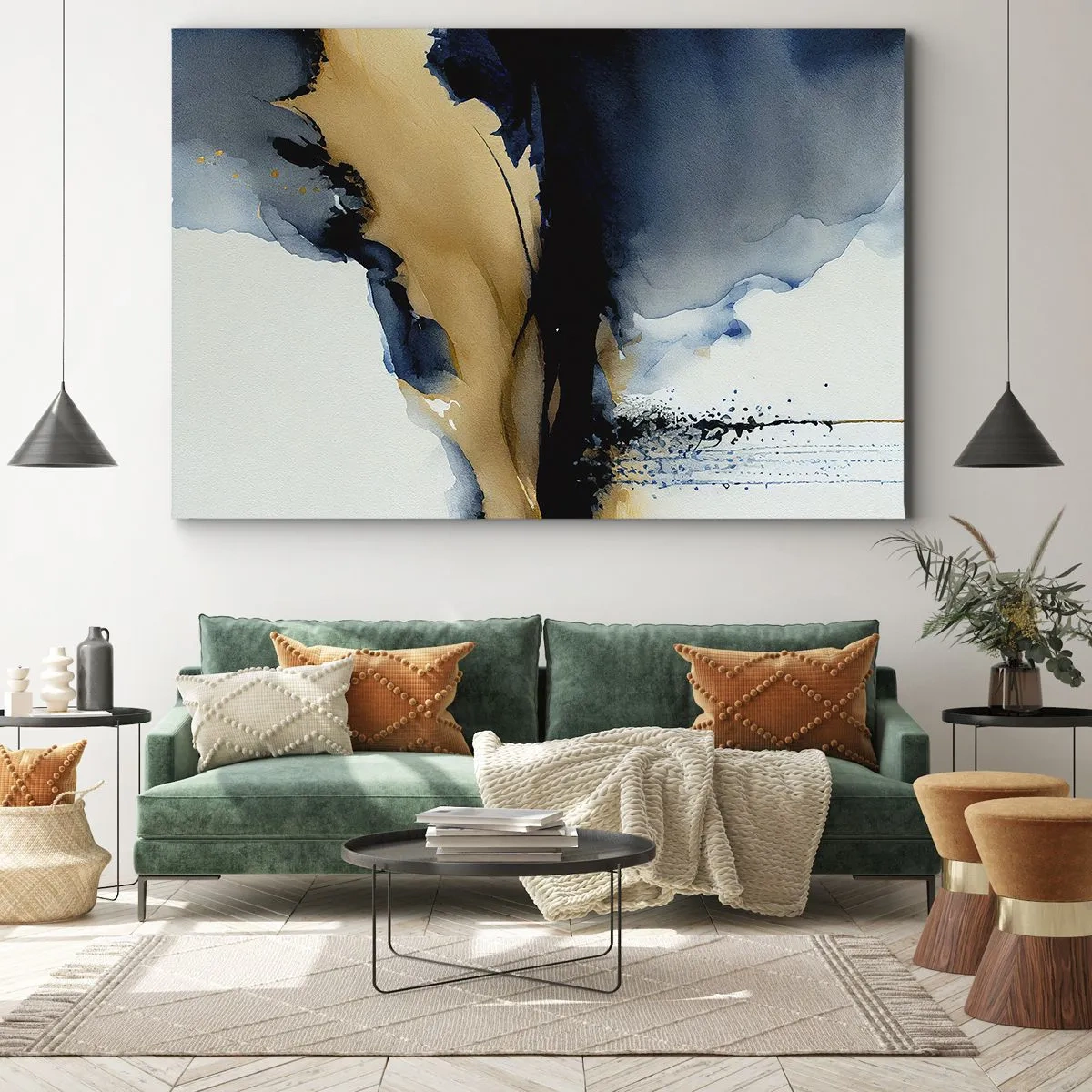 Tablou pe pânză Canvas - O compoziție abstractă în nuanțe de albastru marin și auriu - 70x50cm - În spatele cortinei - Decorațiune modernă pentru perete pentru living și dormitor ARTTOR