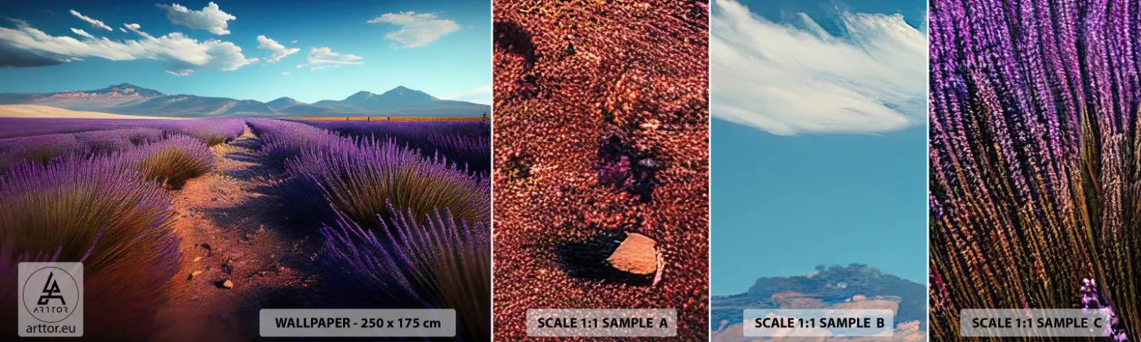 Mostră tapet autocolant Deluxe Sticker - Câmpuri parfumate - Lavandă, Orizont, Peisaj - 100x30 cm
