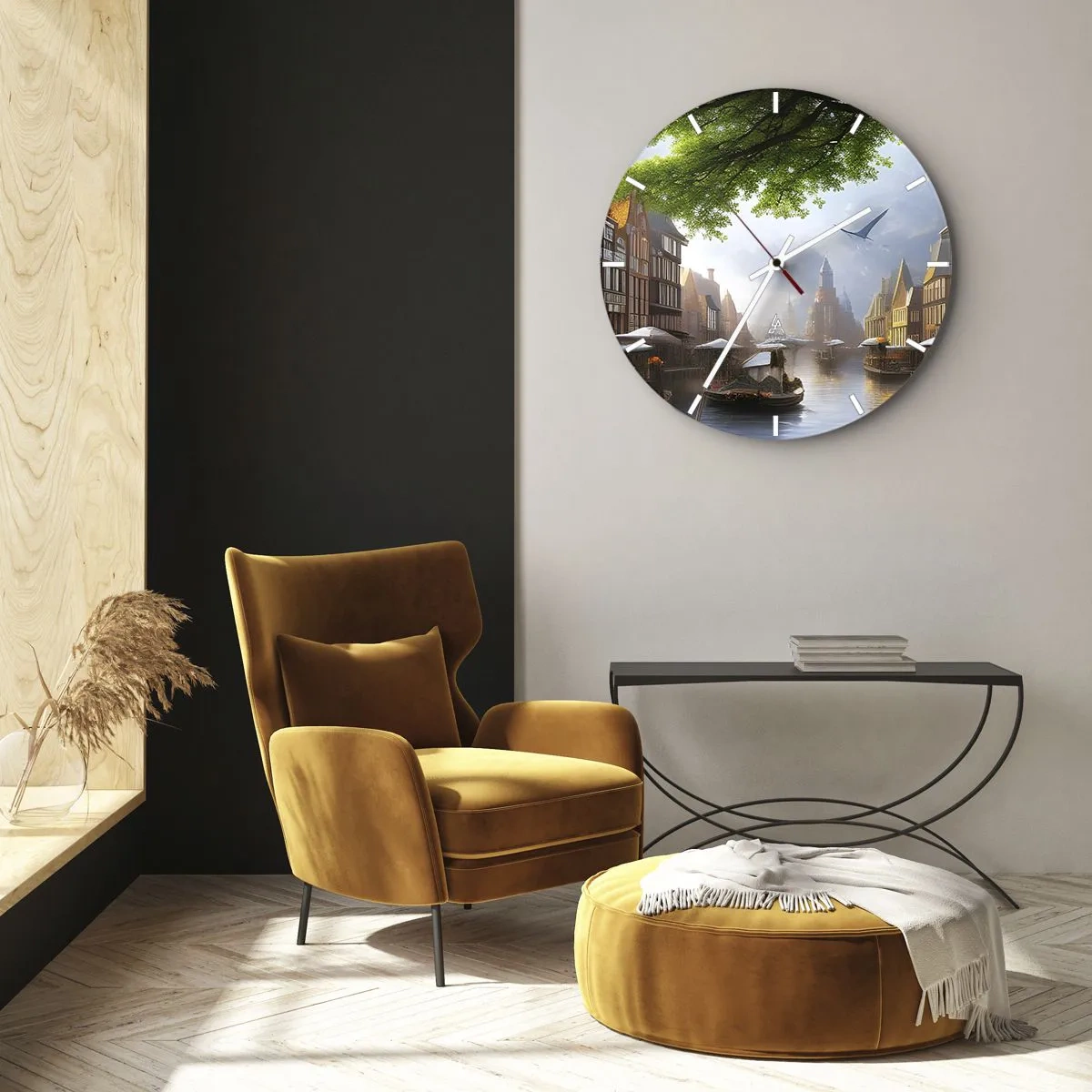 Ceas de perete - Ceas pe sticlă - Canal cu bărci și case istorice de locuit - 30x30cm - Peisaj urban olandez - Decorațiune modernă pentru perete pentru living, bucătărie și dormitor ARTTOR
