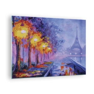 Tablou pe sticlă - Plimbare de seară în Paris cu Turnul Eiffel - 70x50cm - O plimbare de vis - Decorațiune modernă pentru perete pentru living și dormitor ARTTOR