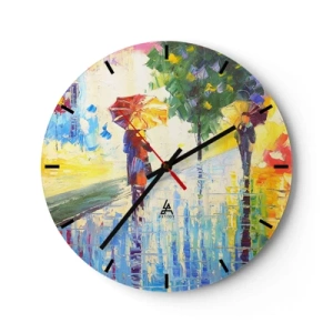 Ceas de perete - Ceas pe sticlă - Personaje cu umbrele care se plimbă într-o zi ploioasă - 30x30cm - Și totul este clar - Decorațiune modernă pentru perete pentru living, bucătărie și dormitor ARTTOR