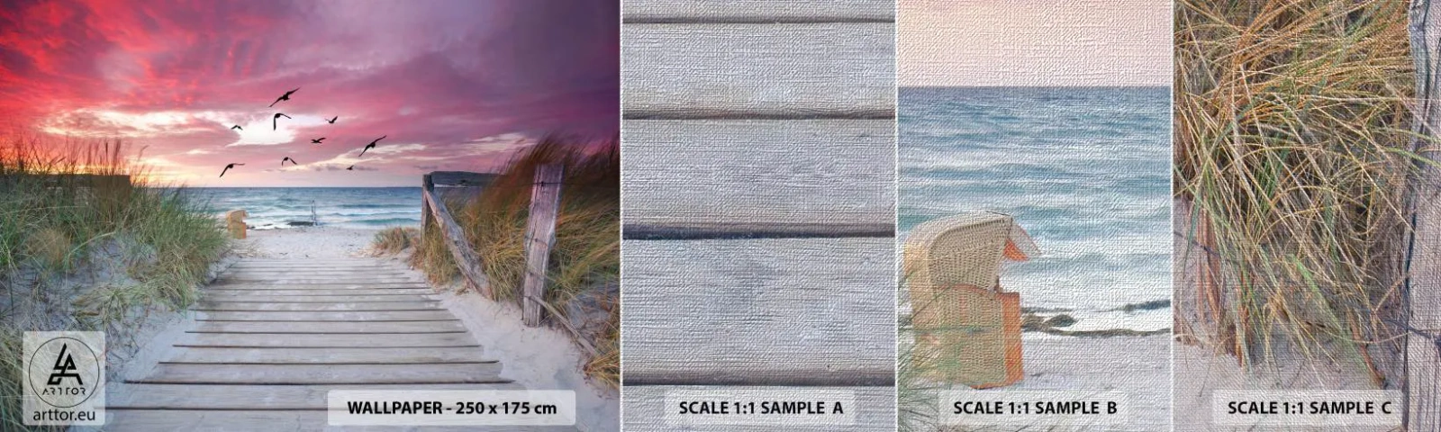 Mostră tapet Premium Canvas - Impresie baltică - Peisaj maritim, plajă, Păsări - 100x30 cm