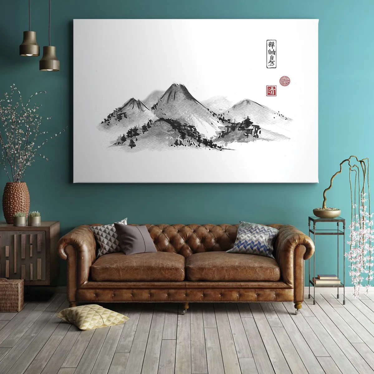 Tablou pe pânză Canvas - Peisaj montan tradițional în stilul picturii japoneze cu cerneală - 70x50cm - Dincolo de dealuri - Decorațiune modernă pentru perete pentru living și dormitor ARTTOR