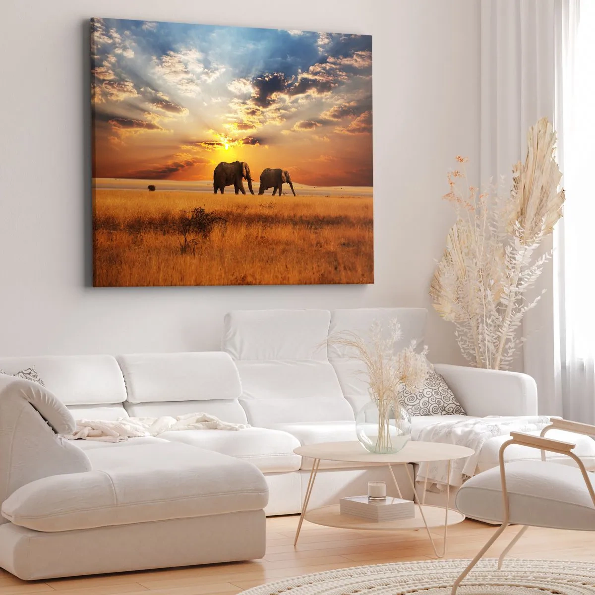 Tablou pe pânză Canvas - Elefanți pe savană la apus - 70x50cm - Plimbare în familie - Decorațiune modernă pentru perete pentru living și dormitor ARTTOR
