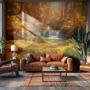 Tapet Premium Sand - Cascadă de pădure în aur - Peisaj, Cascadă, Tailanda - 100x70 cm