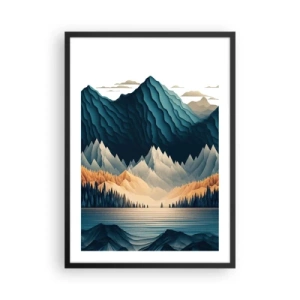 Poster în ramă neagră - Peisaj montan stilizat cu un lac în nuanțe de albastru - 50x70cm - Peisaj montan perfect - Decorațiune modernă pentru perete pentru living și dormitor ARTTOR