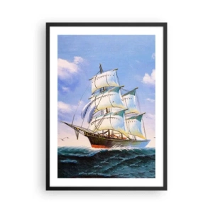 Poster în ramă neagră - O corabie cu pânze pe mare, cu pânzele deschise - 50x70cm - Cu mândrie în vânt - Decorațiune modernă pentru perete pentru living și dormitor ARTTOR