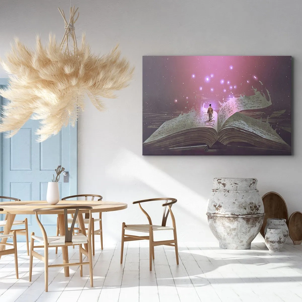 Tablou pe pânză Canvas - siluetă pășește pe o carte deschisă într-o lumină magică. - 70x50cm - O invitație către o altă lume - citiți! - Decorațiune modernă pentru perete pentru living și dormitor ARTTOR