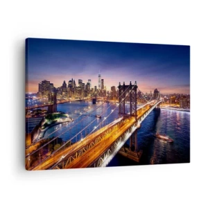 Tablou pe pânză Canvas - Podul și panorama orașului la apus - 70x50cm - Pe un pod luminos către inima orașului - Decorațiune modernă pentru perete pentru living și dormitor ARTTOR