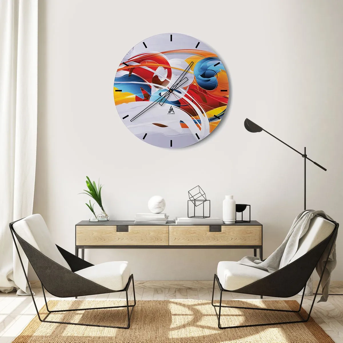 Ceas de perete - Ceas pe sticlă - Forme abstracte în culori dinamice de roșu, albastru și galben - 30x30cm - Dansul elementelor - Decorațiune modernă pentru perete pentru living, bucătărie și dormitor ARTTOR