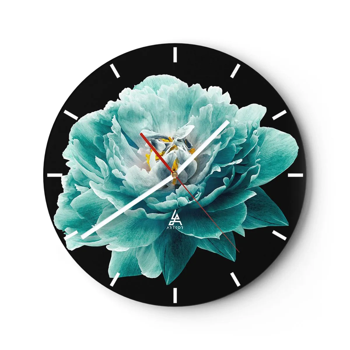 Ceas de perete - Ceas pe sticlă - floare de bujor turcoaz pe fundal negru - 30x30cm - Petale albastre și aurii - Decorațiune modernă pentru perete pentru living, bucătărie și dormitor ARTTOR