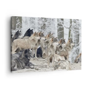 Tablou pe pânză Canvas - O haită de lupi în pădurea de iarnă - 70x50cm - Familie și prieteni - Decorațiune modernă pentru perete pentru living și dormitor ARTTOR