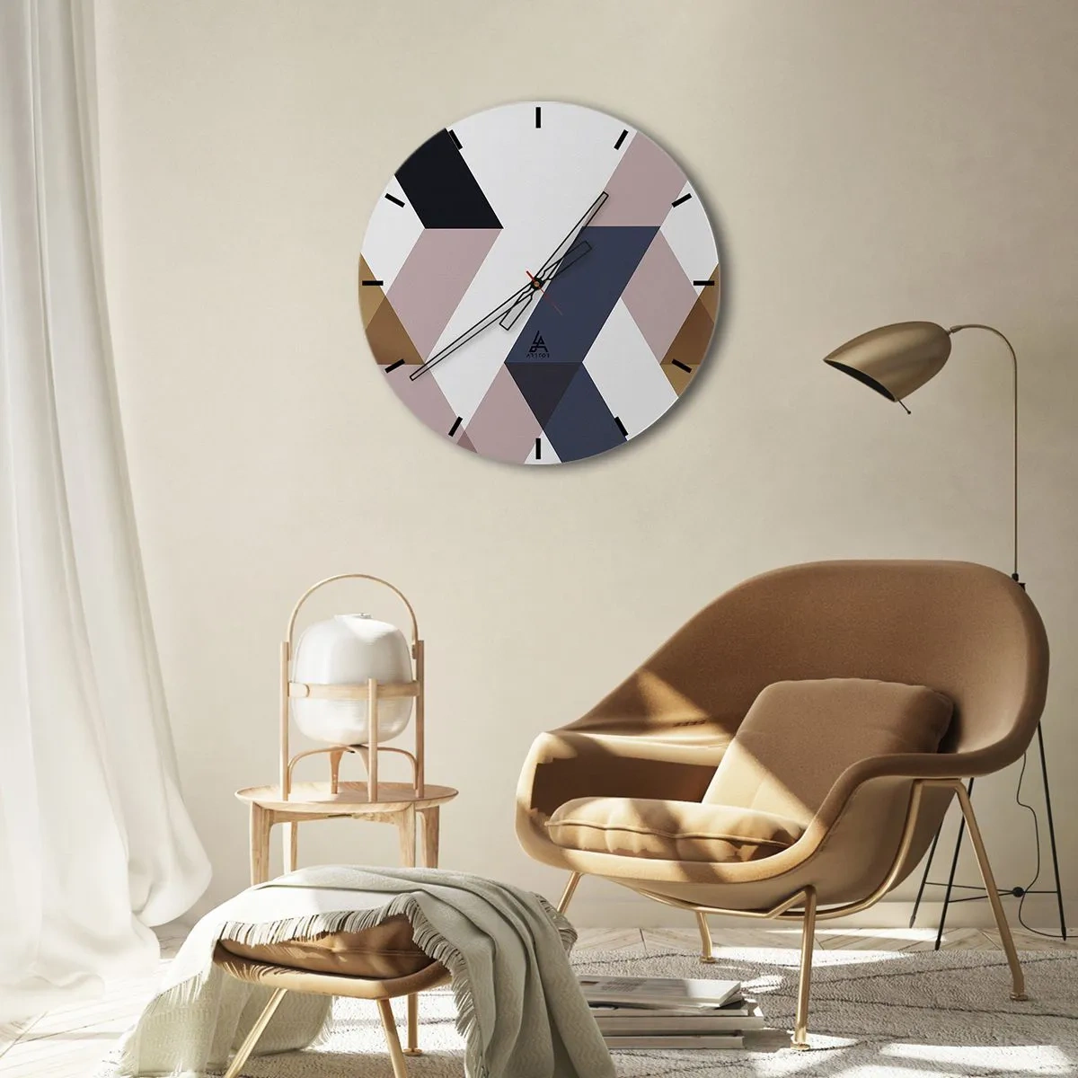 Ceas de perete - Ceas pe sticlă - Forme geometrice în nuanțe de bej și maro - 30x30cm - Planuri și unghiuri - Decorațiune modernă pentru perete pentru living, bucătărie și dormitor ARTTOR