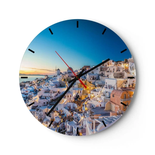 Ceas de perete - Ceas pe sticlă - Vedere de seară a unui sat grecesc pitoresc cu case albe - 30x30cm - Esența grecității - Decorațiune modernă pentru perete pentru living, bucătărie și dormitor ARTTOR