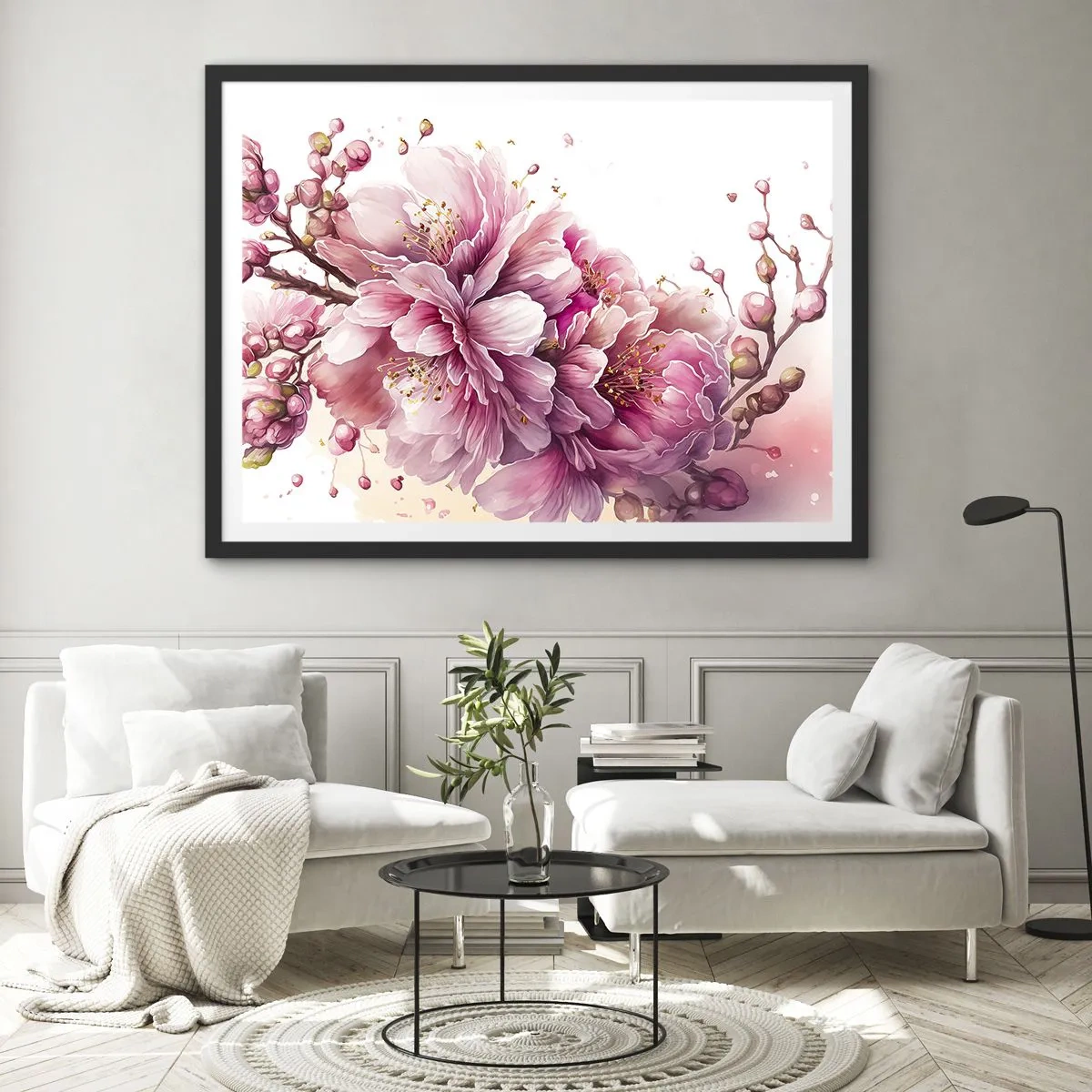 Poster în ramă neagră - Flori de cireș - 70x50 cm