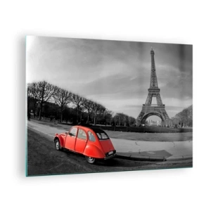Tablou pe sticlă - O mașină roșie cu Turnul Eiffel în fundal într-un cadru alb-negru - 70x50cm - Mai pariziană decât Parisul însuși - Decorațiune modernă pentru perete pentru living și dormitor ARTTOR