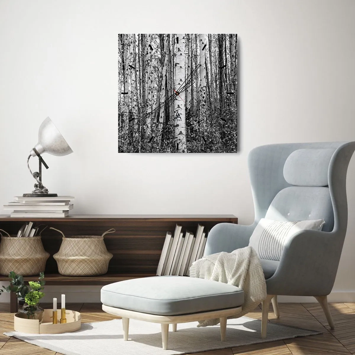 Ceas de perete - Ceas pe sticlă - Coloane de mesteacăn - 30x30 cm