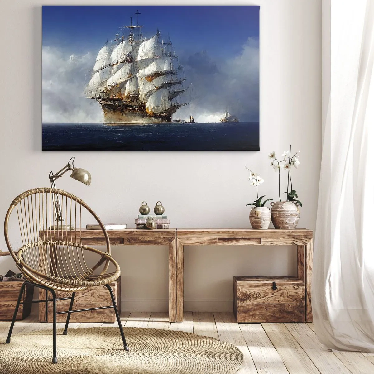 Tablou pe pânză Canvas - O navă cu pânze pe marea deschisă sub un cer albastru - 70x50cm - The great glory! - Decorațiune modernă pentru perete pentru living și dormitor ARTTOR