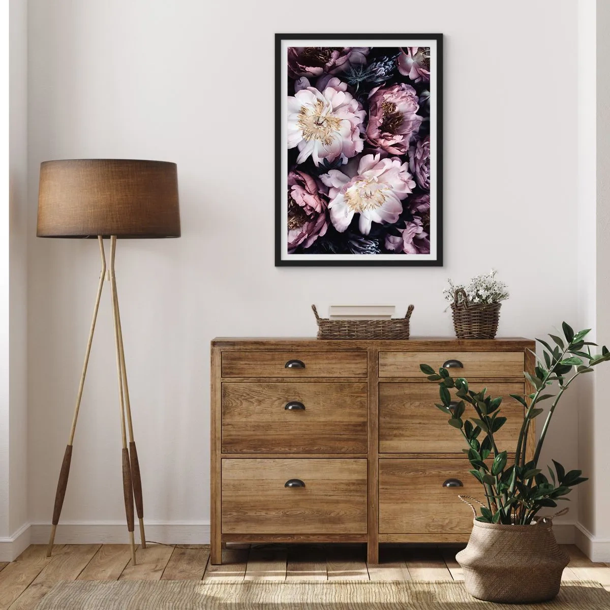 Poster în ramă neagră - Flori delicate de bujor în culori estompate - 50x70cm - Buchet în stil vechi - Decorațiune modernă pentru perete pentru living și dormitor ARTTOR