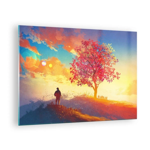Tablou pe sticlă - O figură pe fundalul unui cer colorat și al unui copac în culori calde - 70x50cm - Pelerin la destinație - Decorațiune modernă pentru perete pentru living și dormitor ARTTOR