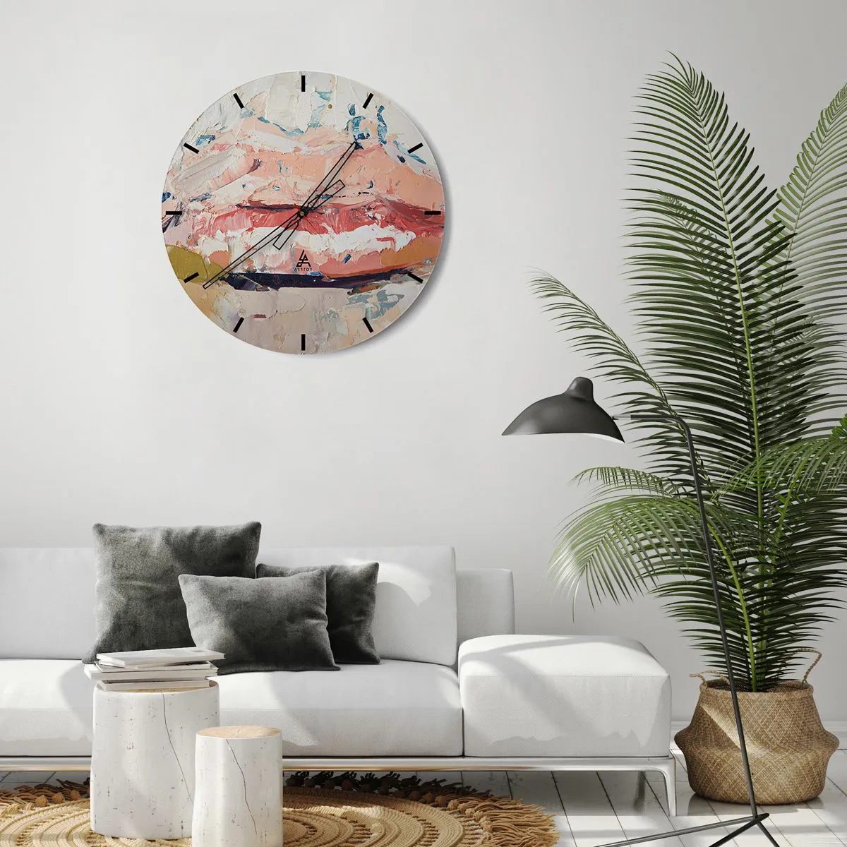 Ceas de perete - Ceas pe sticlă - Textură abstractă a vopselelor în nuanțe de bej și roz - 30x30cm - Trezește simțurile - Decorațiune modernă pentru perete pentru living, bucătărie și dormitor ARTTOR