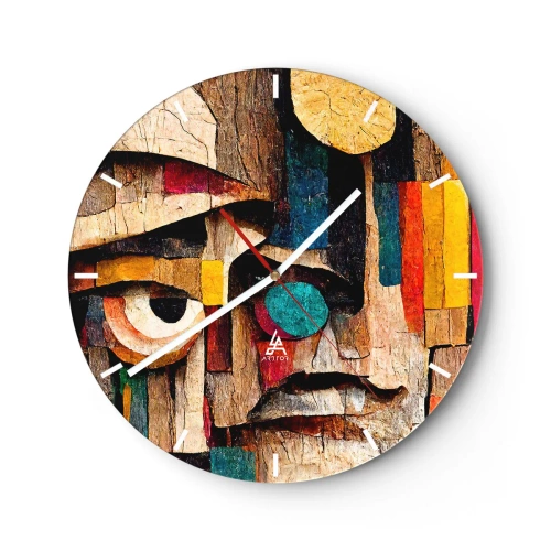 Ceas de perete - Ceas pe sticlă - Față colorată în stilul unui mozaic de lemn realizat din forme geometrice - 30x30cm - Te văd... - Decorațiune modernă pentru perete pentru living, bucătărie și dormitor ARTTOR