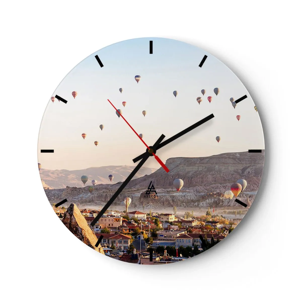 Ceas de perete - Ceas pe sticlă - Baloane plutind deasupra Cappadociei dimineața - 30x30cm - Ca niște nave pe cer - Decorațiune modernă pentru perete pentru living, bucătărie și dormitor ARTTOR