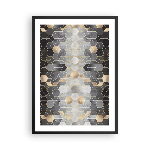 Poster în ramă neagră - Model hexagonal geometric în nuanțe de auriu și gri - 50x70cm - Compoziție diamantată - Decorațiune modernă pentru perete pentru living și dormitor ARTTOR