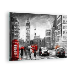 Tablou pe sticlă - Big Ben și străzile Londrei cu accente roșii pe fundal gri - 70x50cm - Nu este deloc un oraș gri - Decorațiune modernă pentru perete pentru living și dormitor ARTTOR