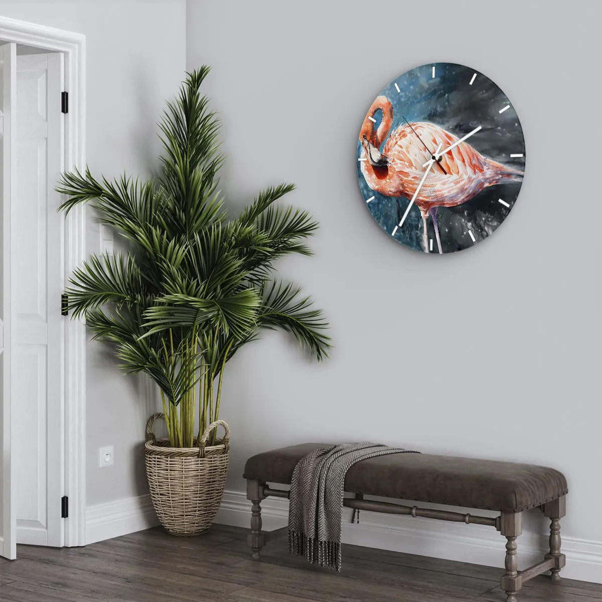 Ceas de perete - Ceas pe sticlă - Flamingo în acuarelă pe fundal albastru închis - 30x30cm - Decorativ prin natură - Decorațiune modernă pentru perete pentru living, bucătărie și dormitor ARTTOR