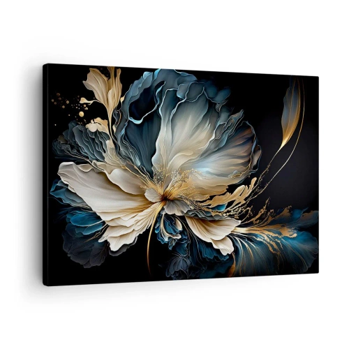Tablou pe pânză Canvas - O floare în nuanțe de auriu și albastru marin pe fundal negru - 70x50cm - Povestea unei flori de iubire - Decorațiune modernă pentru perete pentru living și dormitor ARTTOR