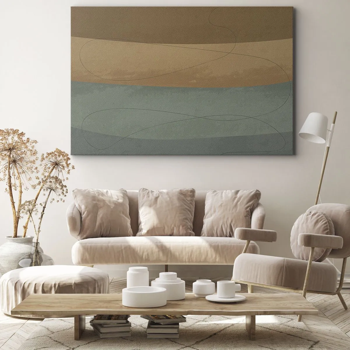 Tablou pe pânză Canvas - Compoziție abstractă în tonuri naturale de pământ - 70x50cm - Compoziție orizontală - Decorațiune modernă pentru perete pentru living și dormitor ARTTOR