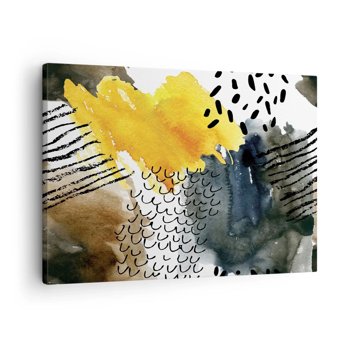 Tablou pe pânză Canvas - O compoziție abstractă cu accente galbene și modele grafice. - 70x50cm - O întâlnire a elementelor - Decorațiune modernă pentru perete pentru living și dormitor ARTTOR