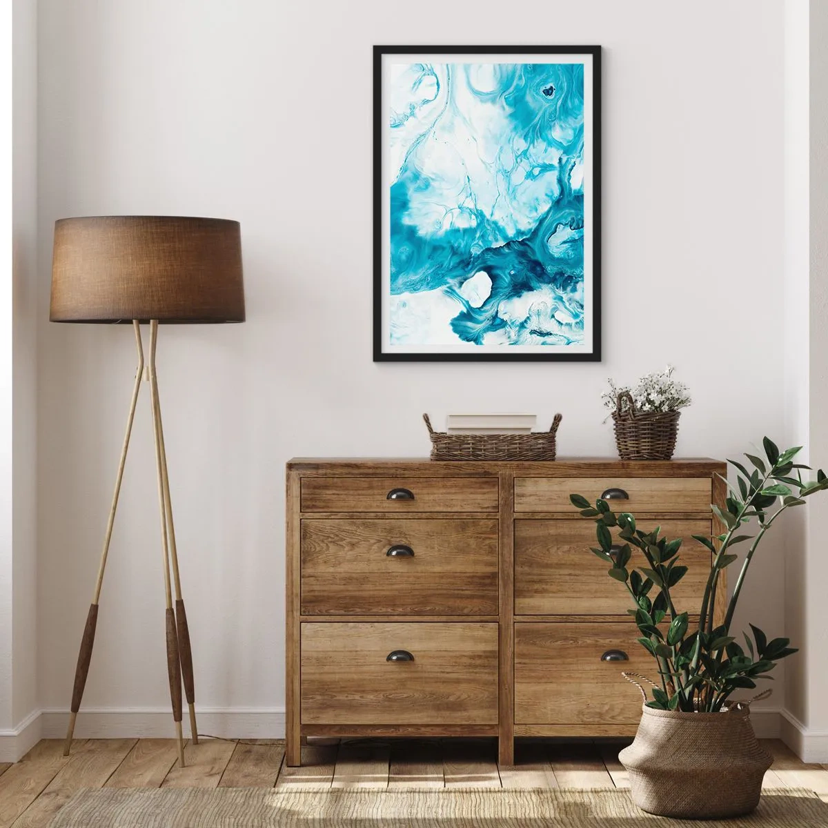 Poster în ramă neagră - Compoziție abstractă în nuanțe de albastru și alb - 50x70cm - Concert de nuanțe de albastru - Decorațiune modernă pentru perete pentru living și dormitor ARTTOR