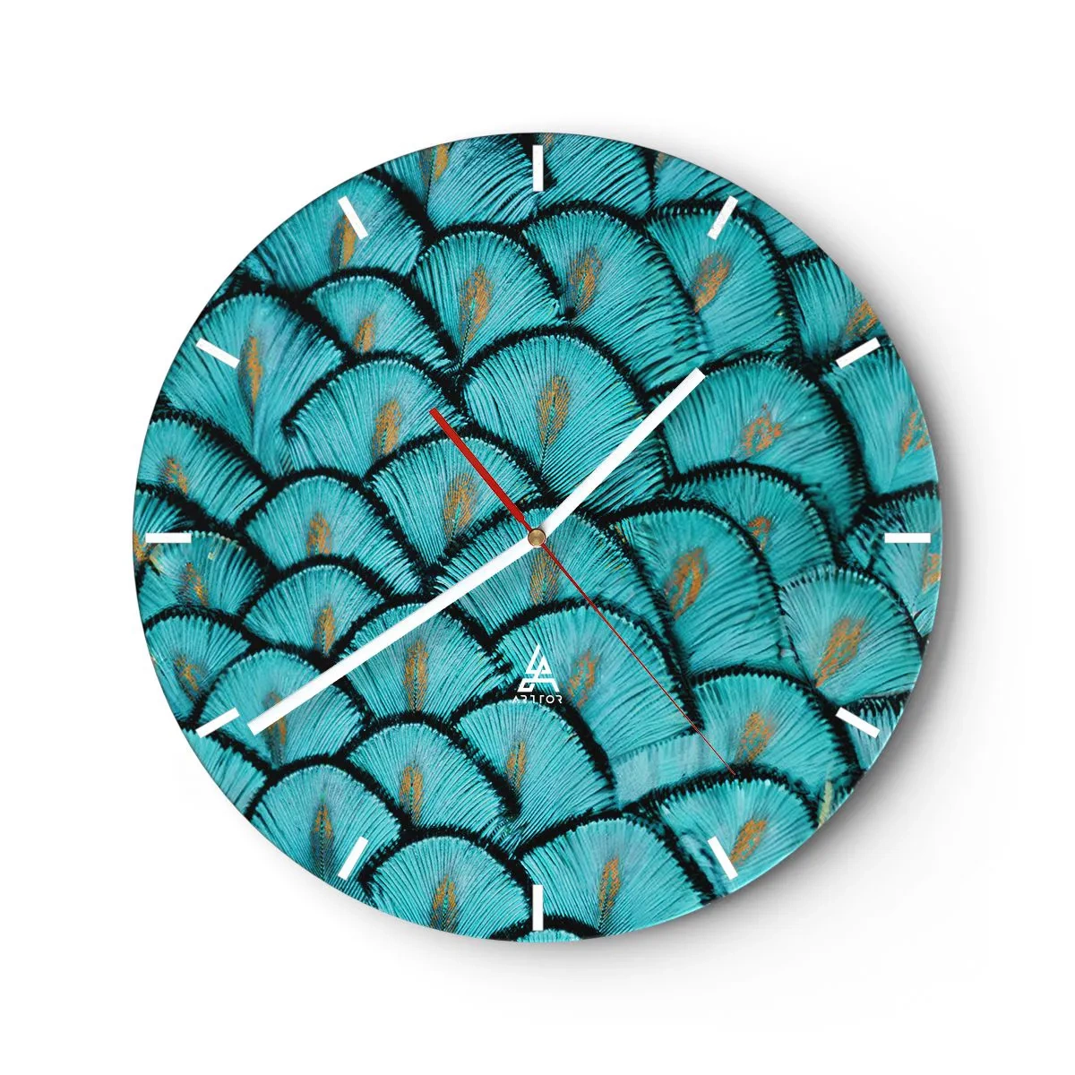 Ceas de perete - Ceas pe sticlă - Un prim-plan cu pene de păun turcoaz într-un aranjament decorativ. - 30x30cm - Marea gală a penelor - Decorațiune modernă pentru perete pentru living, bucătărie și dormitor ARTTOR