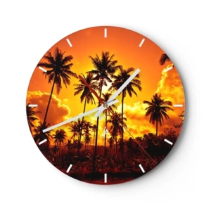 Ceas de perete - Ceas pe sticlă - Palmieri pe fundalul soarelui apus - 30x30cm - Munții ard, pădurile ard - Decorațiune modernă pentru perete pentru living, bucătărie și dormitor ARTTOR