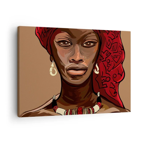 Tablou pe pânză Canvas - Portretul unei femei cu turban roșu pe fundal bej - 70x50cm - Venus din abanos - Decorațiune modernă pentru perete pentru living și dormitor ARTTOR
