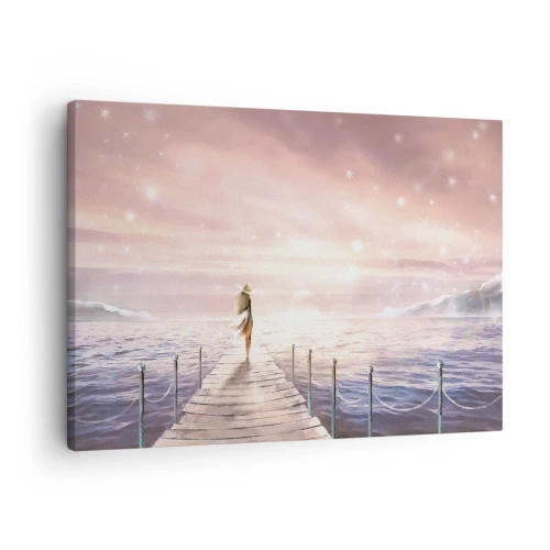 Tablou pe pânză Canvas - O femeie pe un dig într-un apus de soare magic - 70x50cm - În lumina unui vis - Decorațiune modernă pentru perete pentru living și dormitor ARTTOR