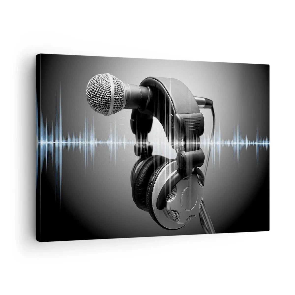 Tablou pe pânză Canvas - Microfon și căști cu vizualizare a undelor sonore în fundal - 70x50cm - Încă se mai poate auzi cântecul - Decorațiune modernă pentru perete pentru living și dormitor ARTTOR