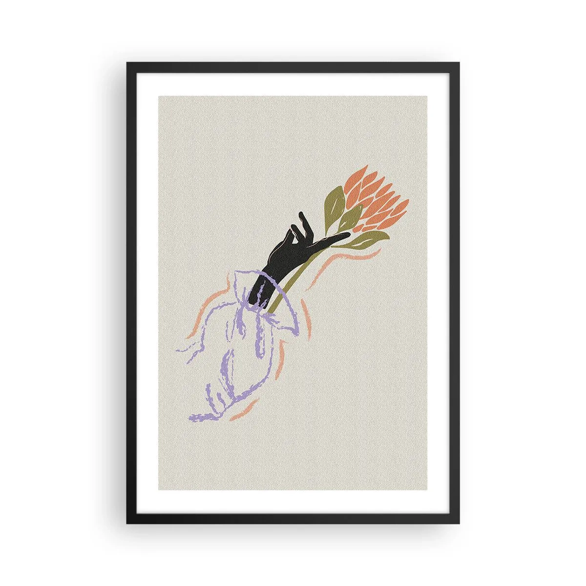 Poster în ramă neagră - Desen abstract al unei mâini care ține un buchet de flori - 50x70cm - Atingere surorială - Decorațiune modernă pentru perete pentru living și dormitor ARTTOR