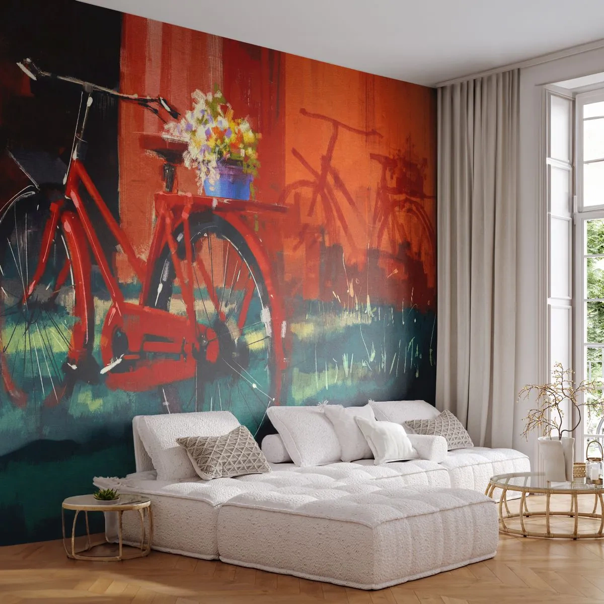 Tapet Standard Eco - I want to ride my bicycle - Bicicleta de epocă, Flori în ghiveci, excursie - 200x140 cm