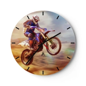 Ceas de perete - Ceas pe sticlă - Un motociclist pe o motocicletă de motocross într-o fotografie dinamică - 30x30cm - Nebunie motociclistă - Decorațiune modernă pentru perete pentru living, bucătărie și dormitor ARTTOR