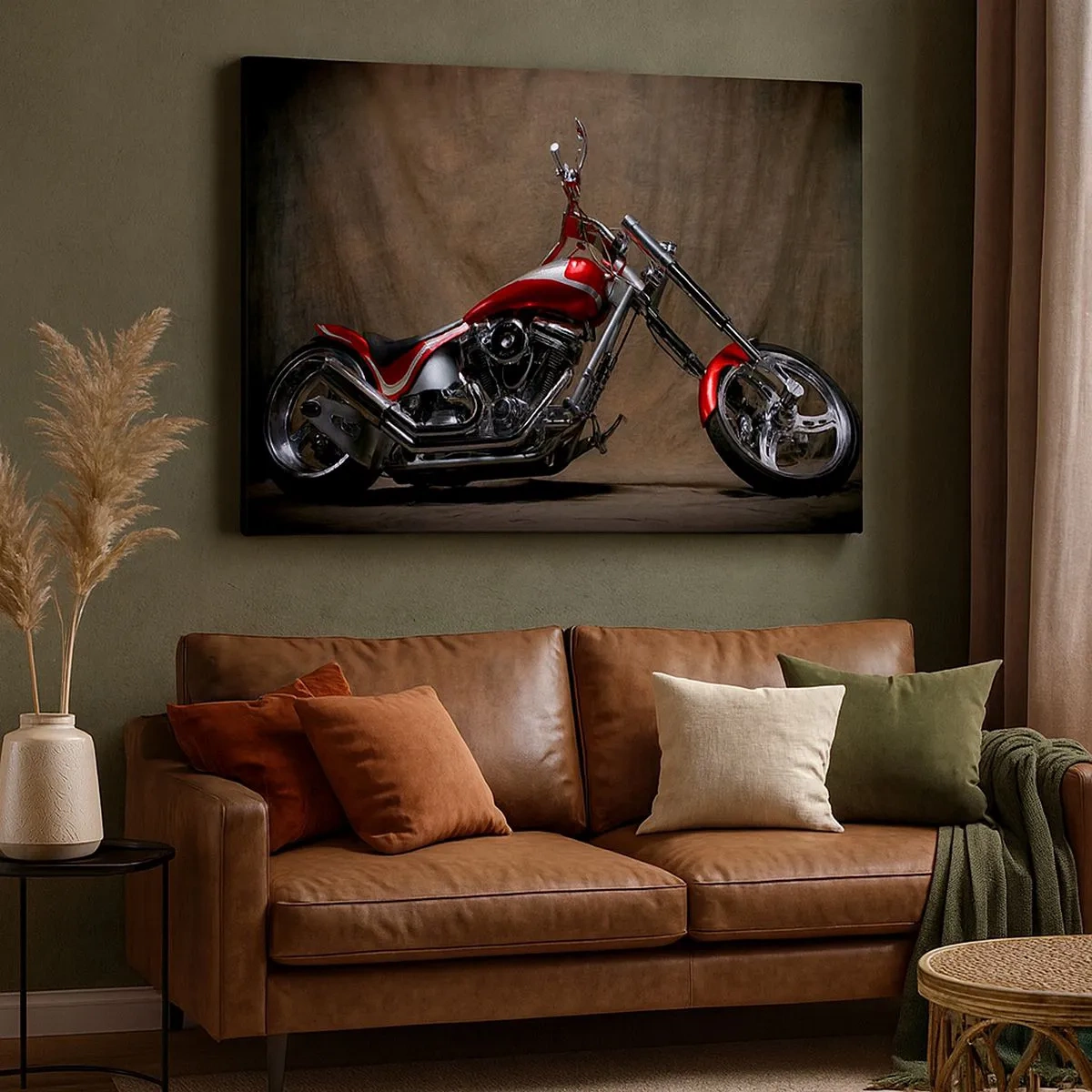 Tablou pe pânză Canvas - Motocicletă personalizată roșie pe un fundal de material textil maro - 70x50cm - Frumusețea în roșu și argintiu - Decorațiune modernă pentru perete pentru living și dormitor ARTTOR