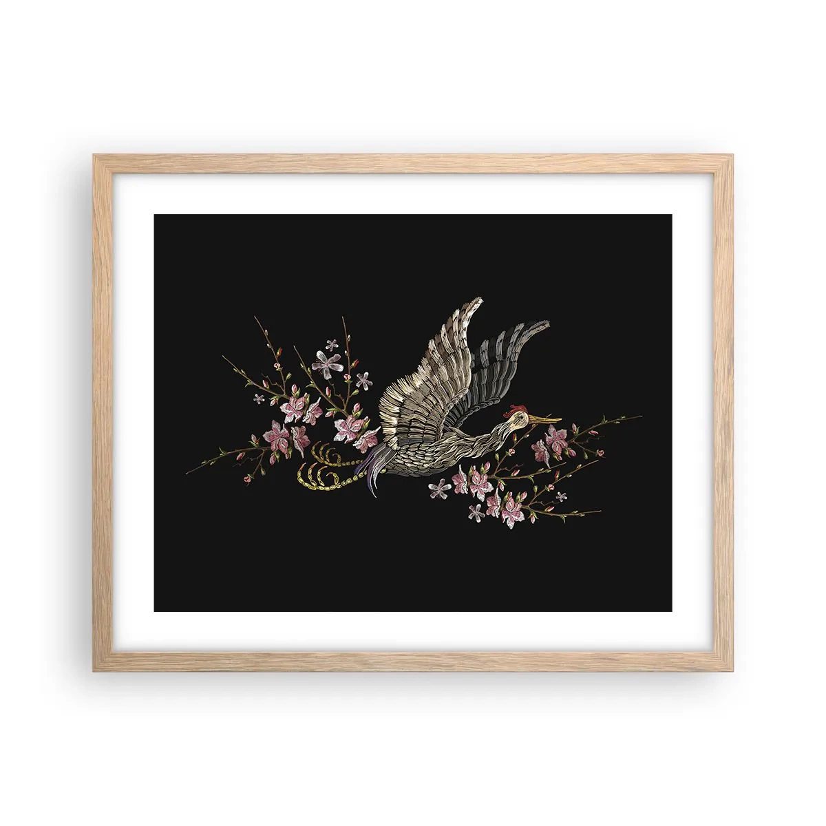 Poster în ramă de stejar deschis - Pasăre exotică brodată - 50x40 cm