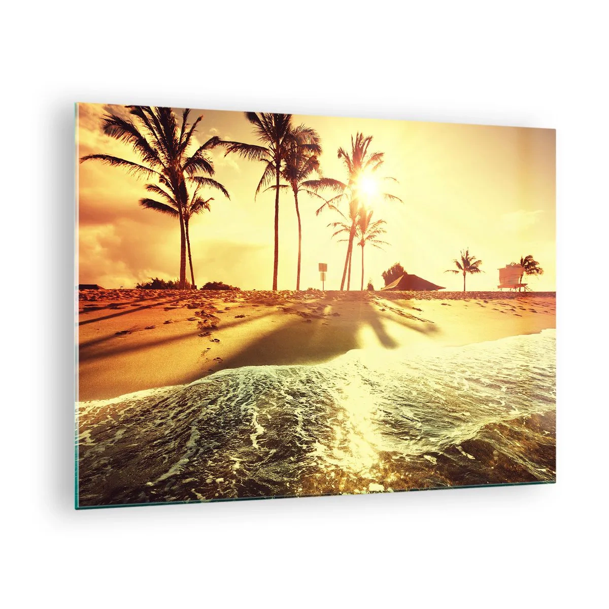 Tablou pe sticlă - Plajă aurie cu palmieri la apus și o mare calmă - 70x50cm - California după-amiază - Decorațiune modernă pentru perete pentru living și dormitor ARTTOR