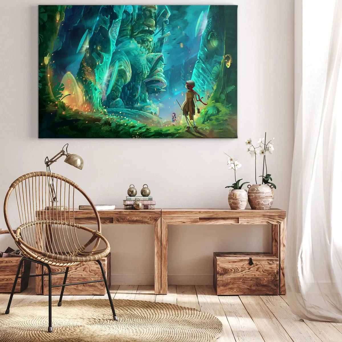 Tablou pe pânză Canvas - Pădure magică cu un personaj explorator - 70x50cm - Din Marea Carte a Basmelor - Decorațiune modernă pentru perete pentru living și dormitor ARTTOR