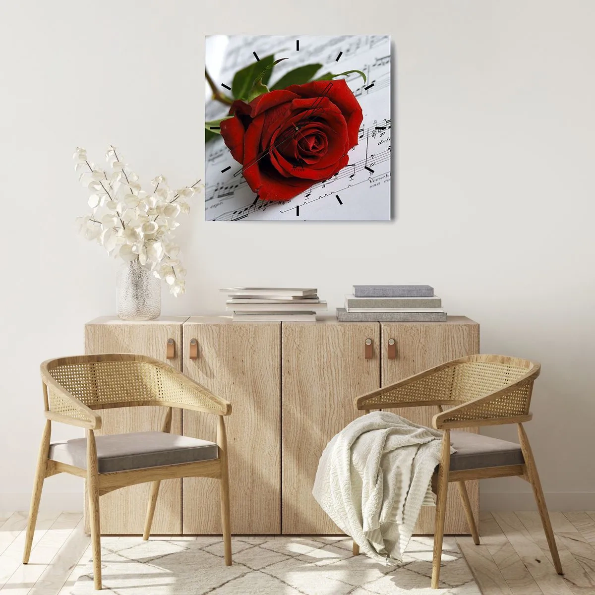 Ceas de perete - Ceas pe sticlă - Muzica sentimentelor în stacojiu - 40x40 cm