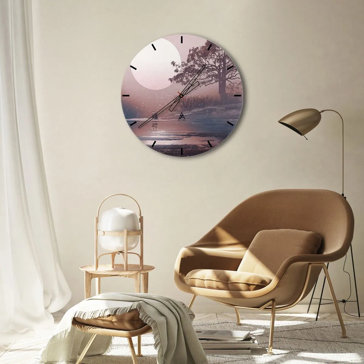 Ceas de perete - Ceas pe sticlă - Peisaj romantic cu o lună mare și un copac la amurg - 30x30cm - Minuni nocturne - Decorațiune modernă pentru perete pentru living, bucătărie și dormitor ARTTOR