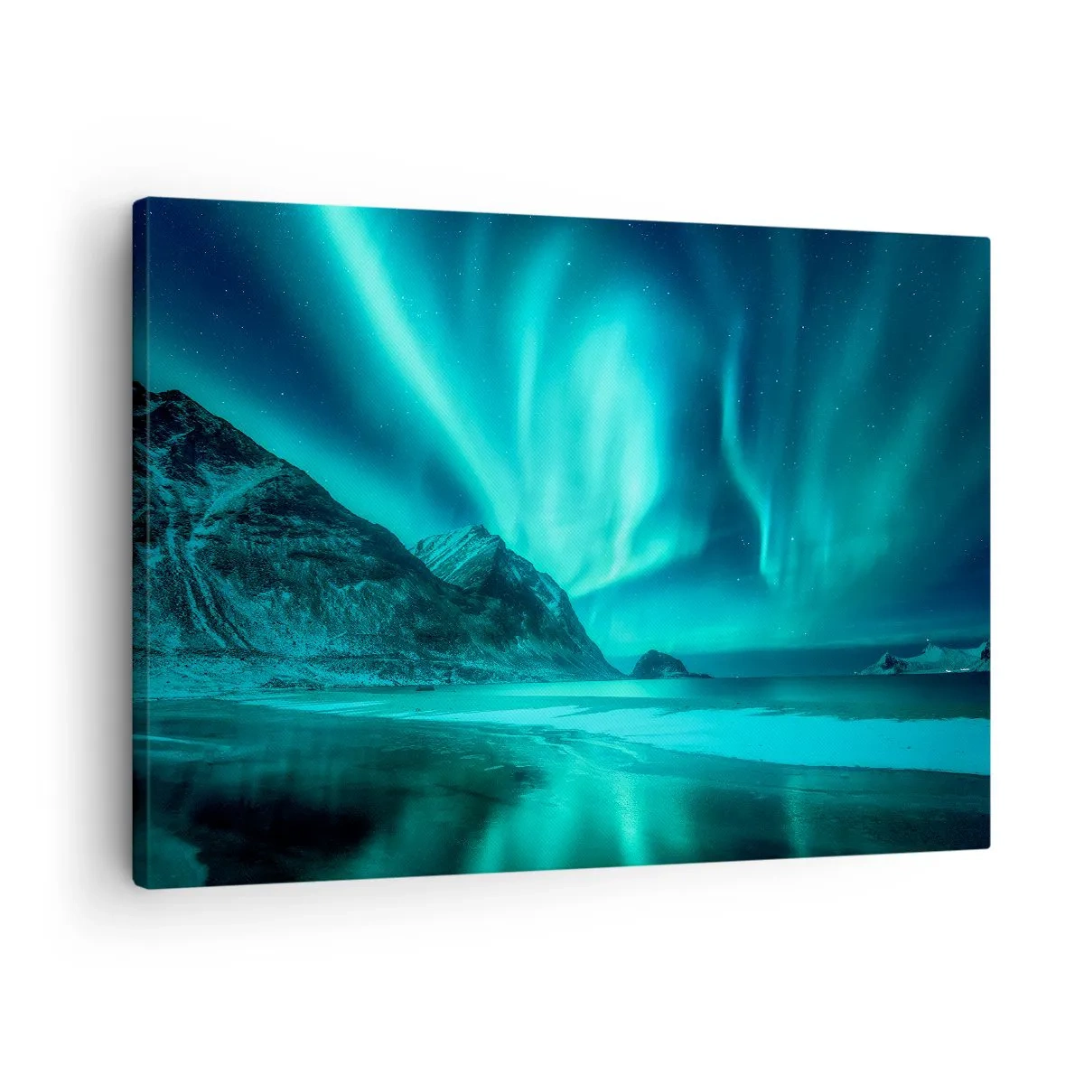 Tablou pe pânză Canvas - Aurora boreală peste un peisaj muntos de iarnă - 70x50cm - Minunile din nord - Decorațiune modernă pentru perete pentru living și dormitor ARTTOR